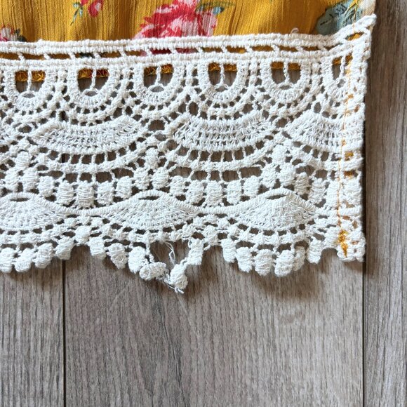 Rewind Floral Mustard Yellow Kimono with Crochet Lace Womens Extra Small Boho - Picture 7 of 10